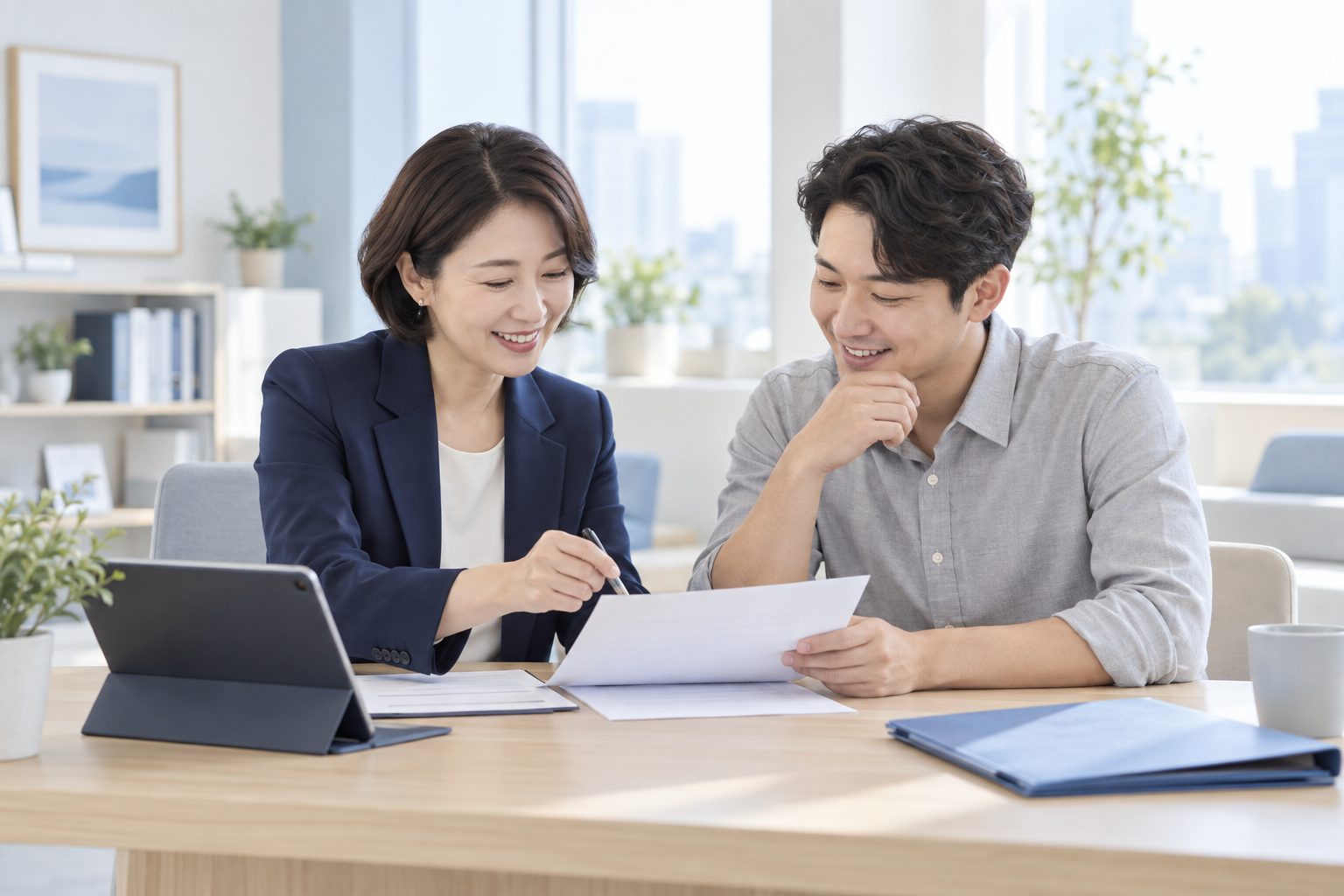 결제 화면을 함께 확인하는 담당자와 사업자 — AI 연출 이미지