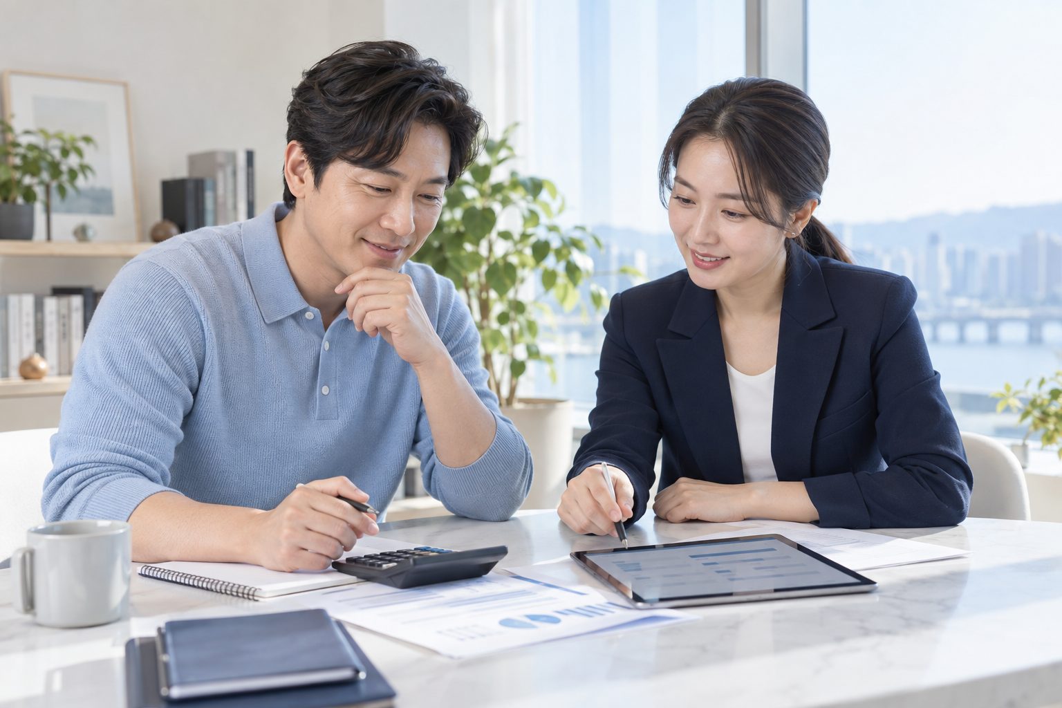 태블릿으로 거래 계획을 함께 정리하는 두 사람 — AI 연출 이미지