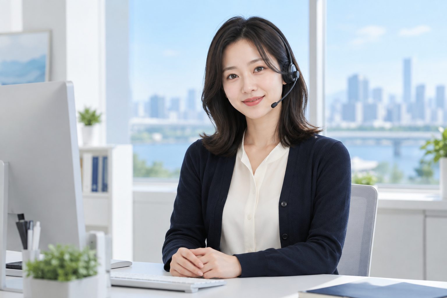 헤드셋을 쓰고 웃으며 인증 절차를 안내하는 담당자 — AI 연출 이미지