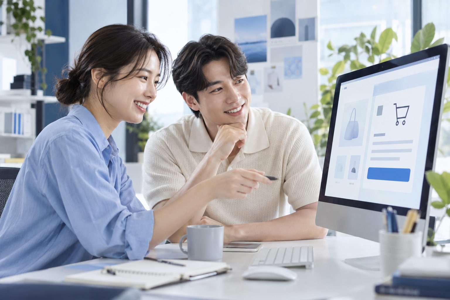 모니터의 쇼핑몰 화면을 보며 결제 설정을 상의하는 두 사람 — AI 연출 이미지