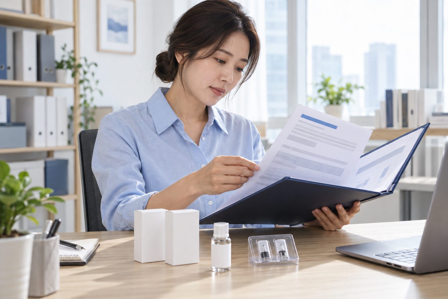서류철을 펼쳐 환불 절차를 확인하는 담당자 — AI 연출 이미지